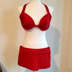 24 & Ocean 3 piece Swimsuit Size 36-38 C/D Halter top & M bottoms Red